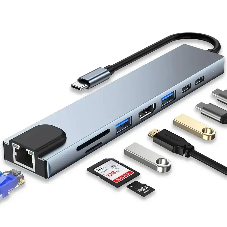HUB 8 EN 1 TIPO C - A - HDMI- SD - RED