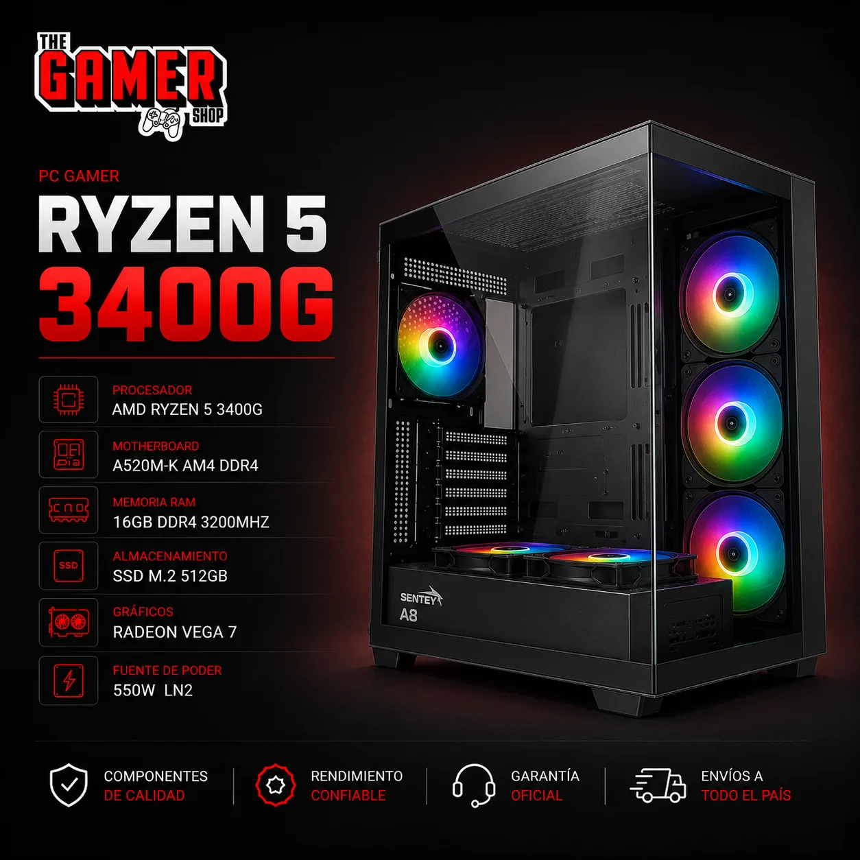 PC GAMER RYZEN 5 3400G + 16GB DE RAM + 512GB SSD M.2 + GABINETE ARGB  WINDOWS 11 PRO