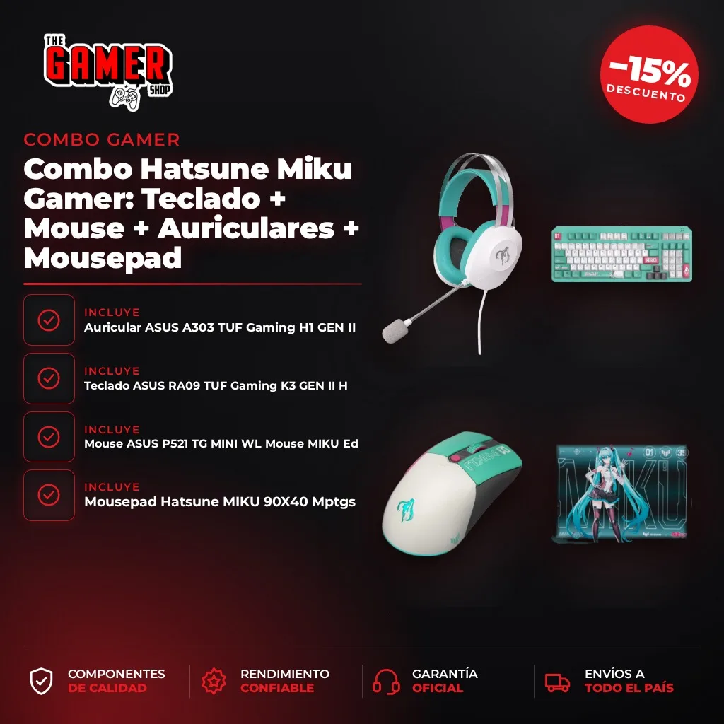 COMBO HATSUNE MIKU GAMER: TECLADO + MOUSE + AURICULARES + MOUSEPAD